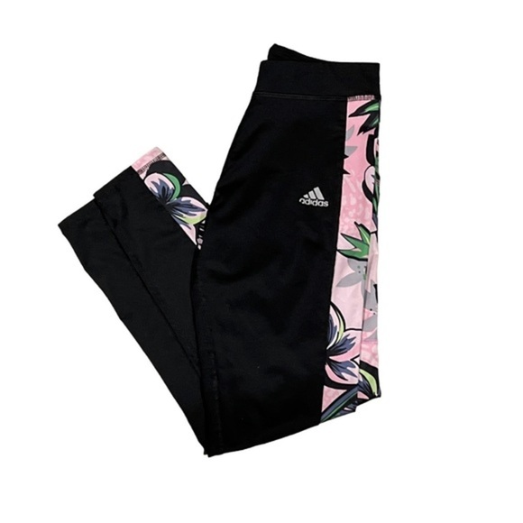 adidas Other - Adidas Aeroready Black Leggings Tropical Floral Panels Pink Purple Green Girl 14